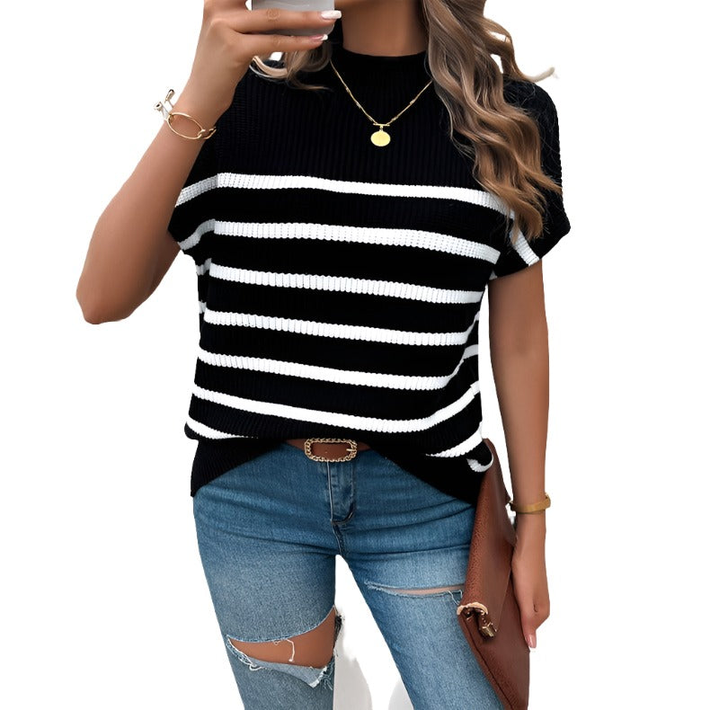 Striped Mock Neck Short Sleeve Sweater