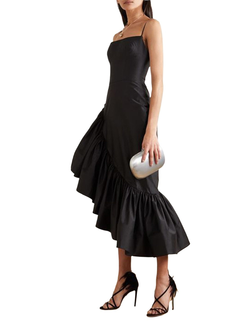 Asymmetrical Ruffle Square Neck Sleeveless Satin Midi Dress for Cocktail Parties