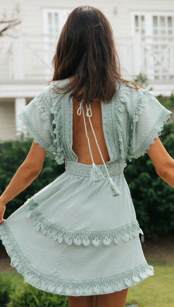 Lace Patchwork Backless Bat Sleeve large swing Dress