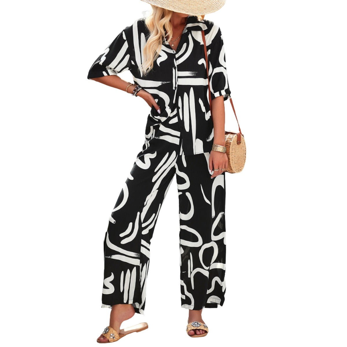 Casual Printed Button Down Top And Straight Leg Bottom Set