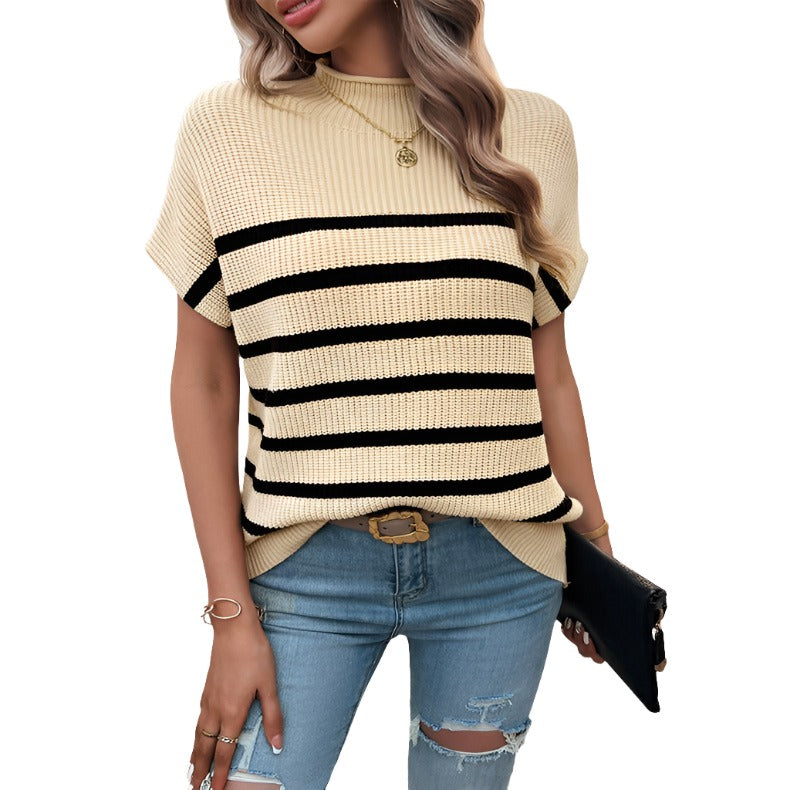 Striped Mock Neck Short Sleeve Sweater