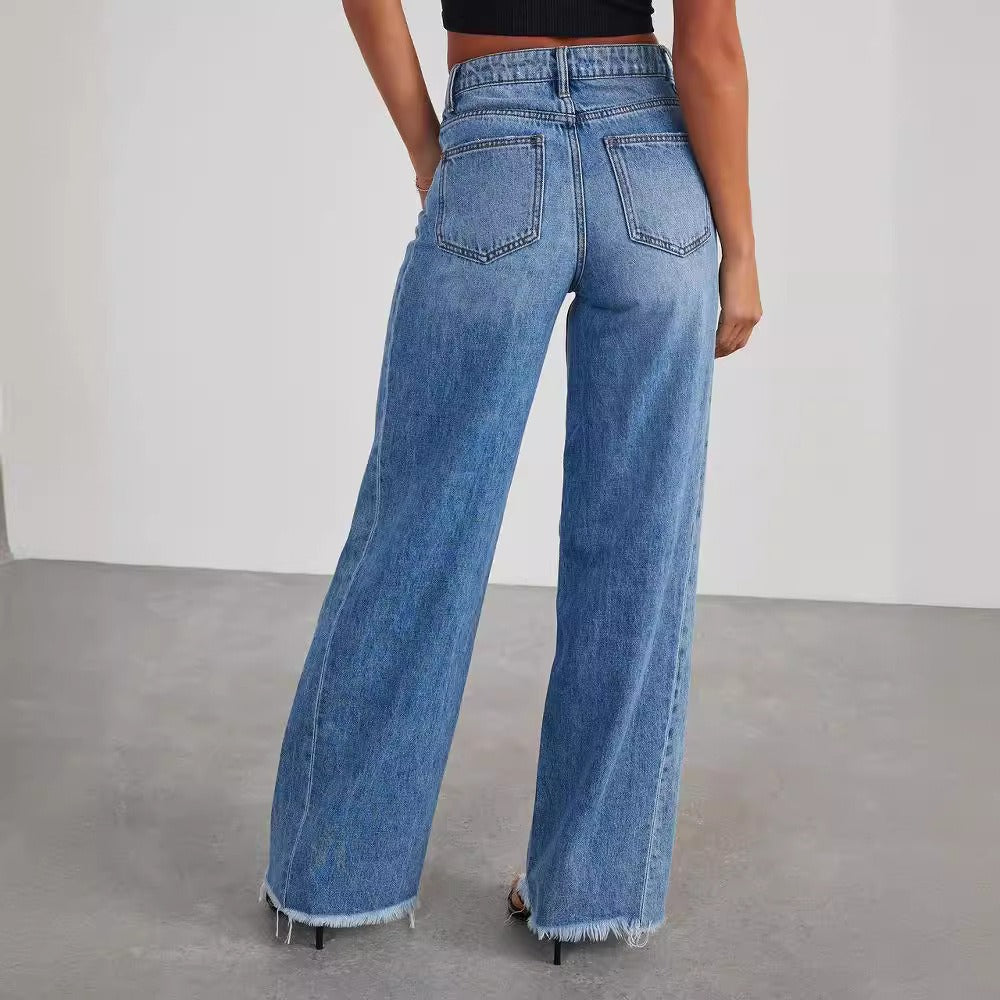 Blue High Rise Tummy Control Vintage Wash Jeans Women Wide Leg Jeans