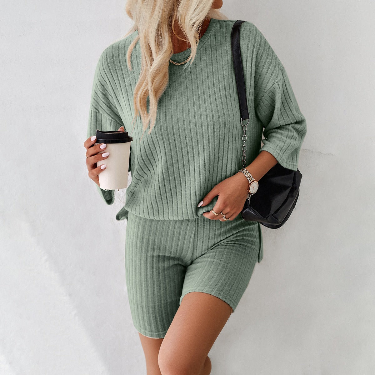 Rib-Knit Lounge Essentials Crew-Neck Pullover and Comfy Bike Shorts