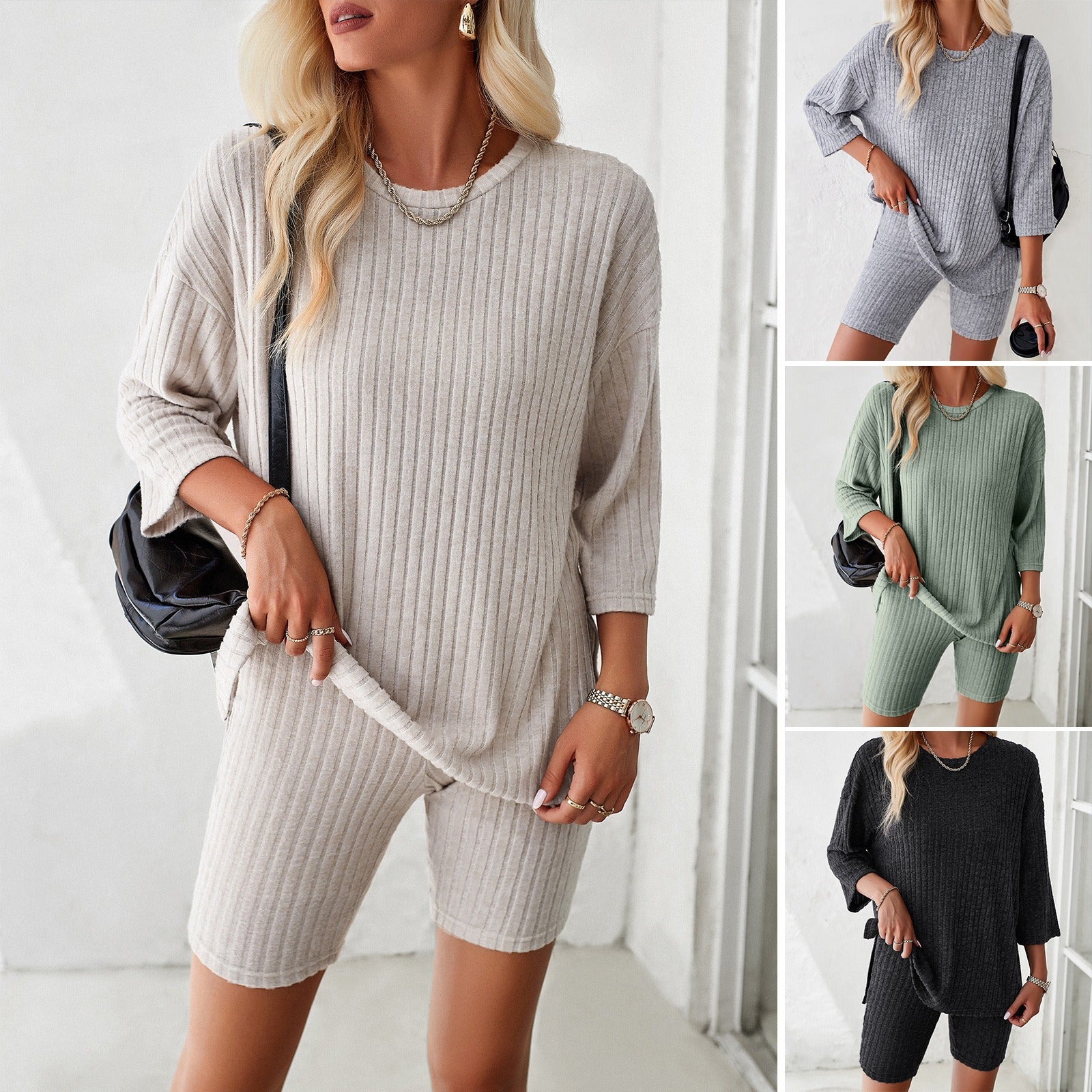 Rib-Knit Lounge Essentials Crew-Neck Pullover and Comfy Bike Shorts