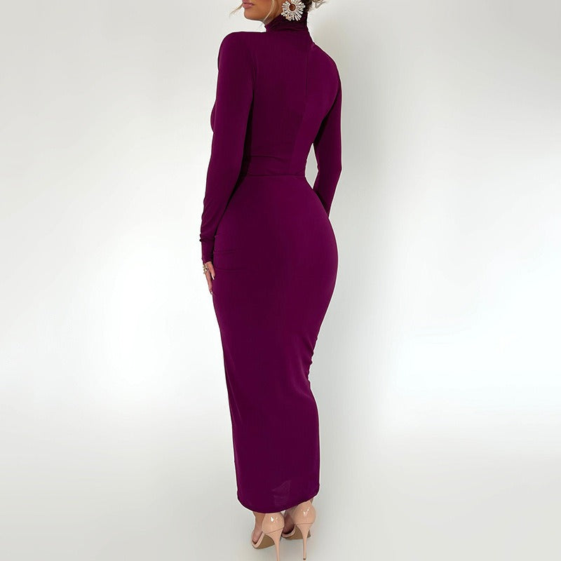 Winter New Half-high Neck Green Dress Long-Sleeved Dress Fashion Sexy Spicy Temperament Tight Long Purple Dresses