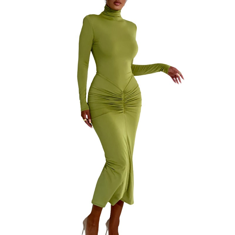 Winter New Half-high Neck Green Dress Long-Sleeved Dress Fashion Sexy Spicy Temperament Tight Long Purple Dresses