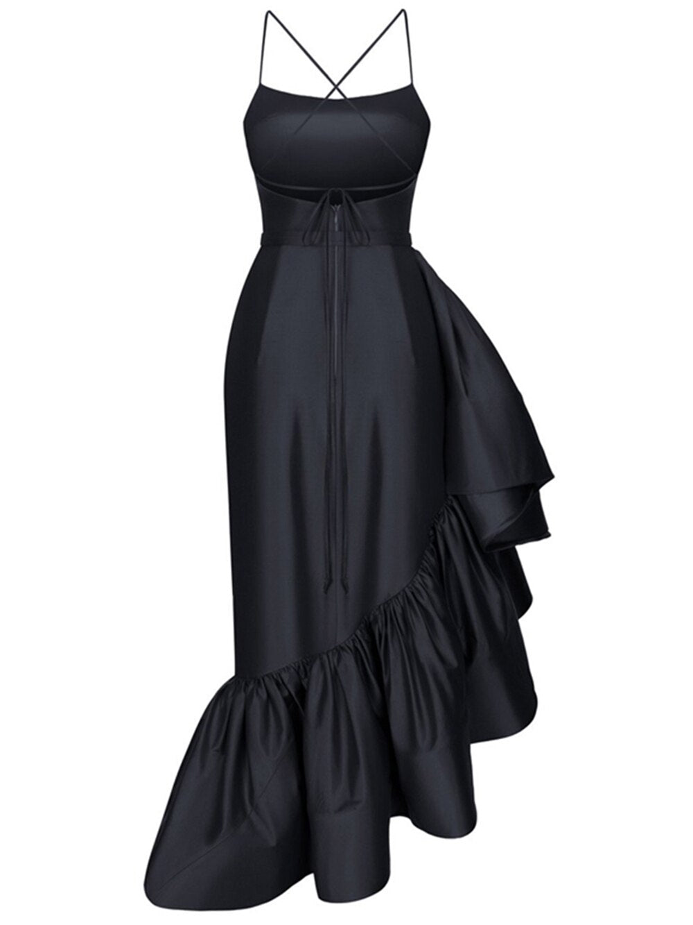 Asymmetrical Ruffle Square Neck Sleeveless Satin Midi Dress for Cocktail Parties