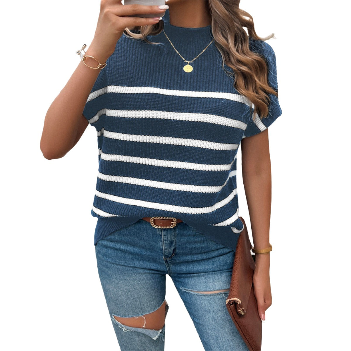 Striped Mock Neck Short Sleeve Sweater