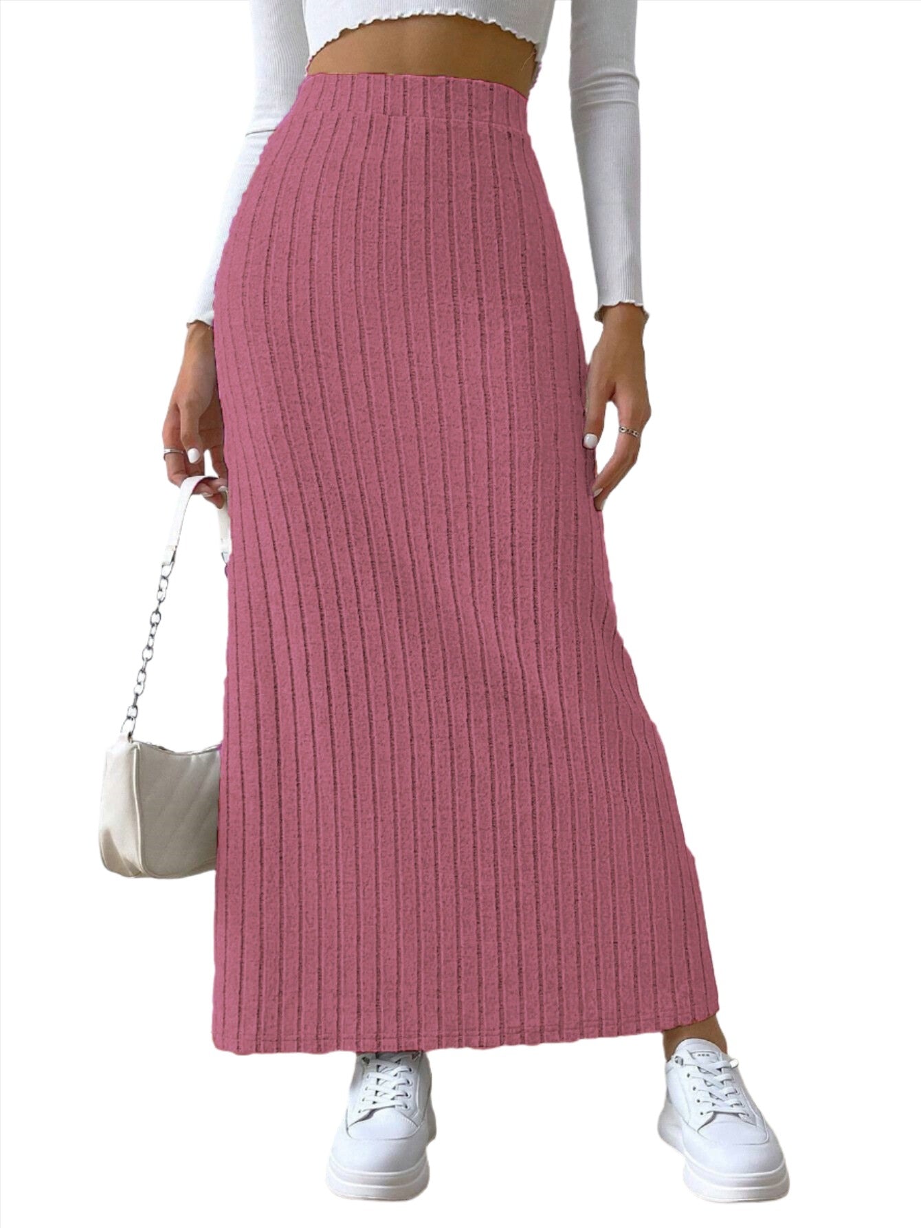 High Waist Side Slit Slim Fit Knitted Skirt - Women's Trendy Culottes