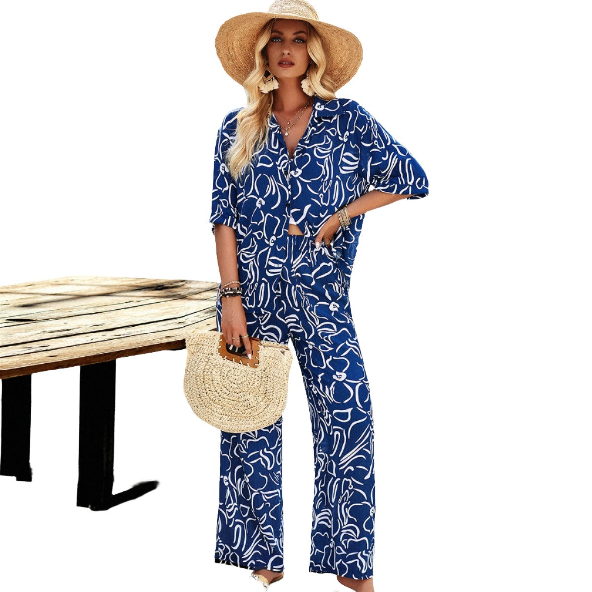 Casual Printed Button Down Top And Straight Leg Bottom Set