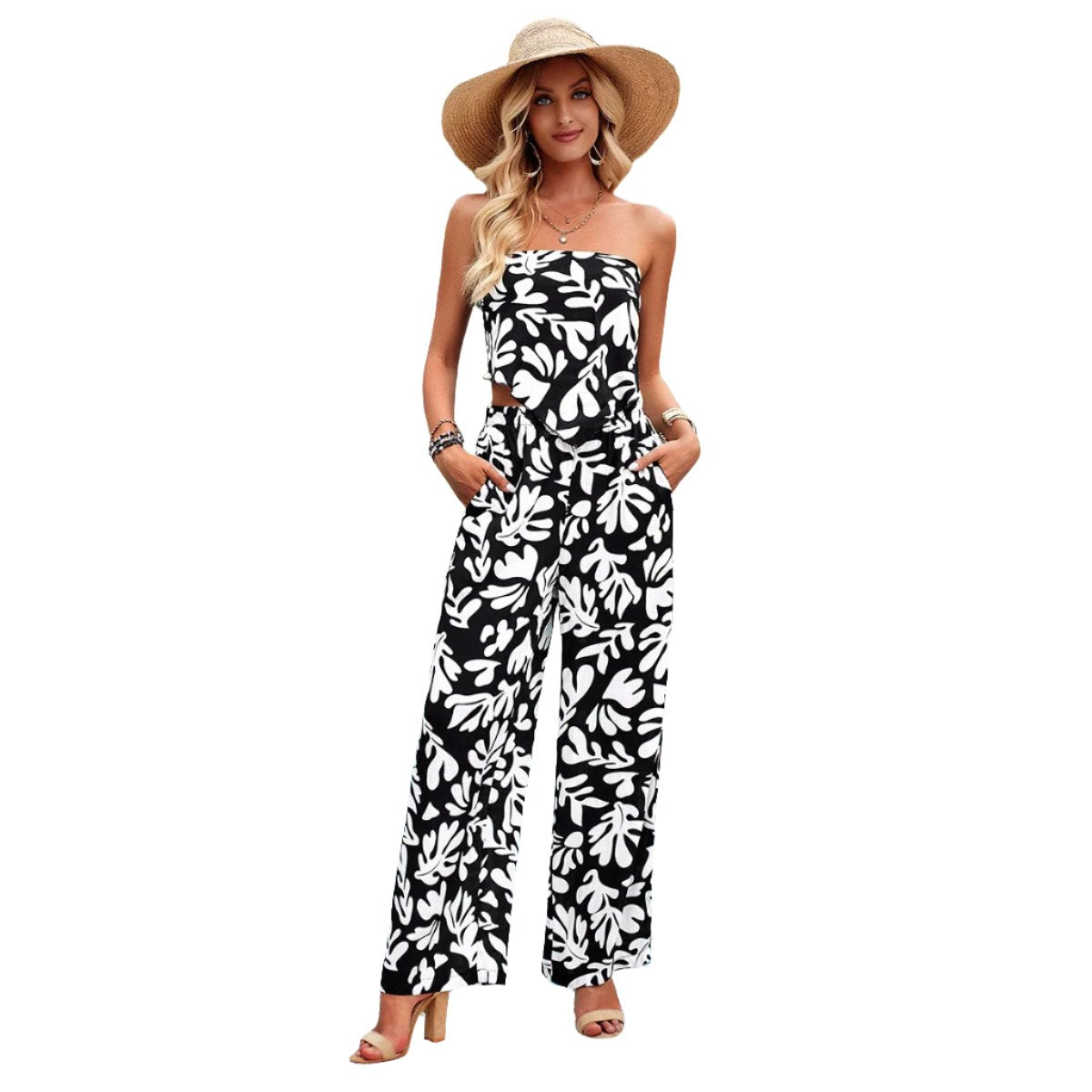 Women's Vacation Casual Random Printed Strap Backless Tube Top And Long Pants Set