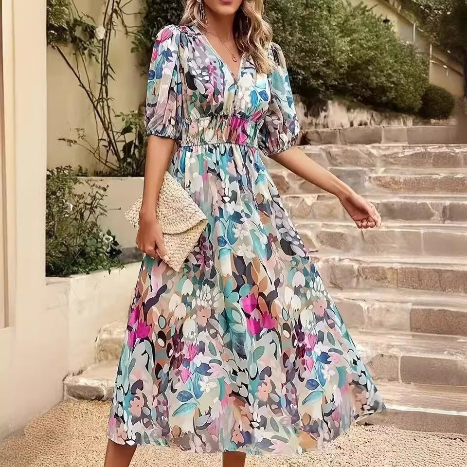 Waist multicolor fashion printed women's dress