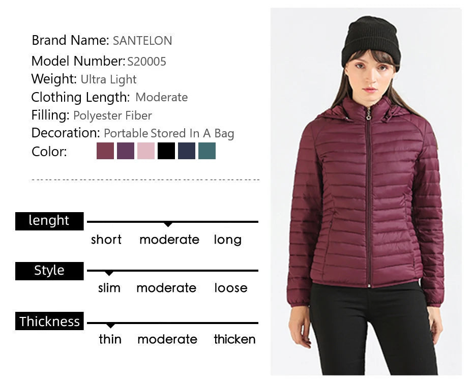 Santelon Winter Parka Ultralight Padded Puffer Jacket For Women Coat With Hood Outdoor Warm Lightweight Outwear With Storage Bag - Simplice Dress