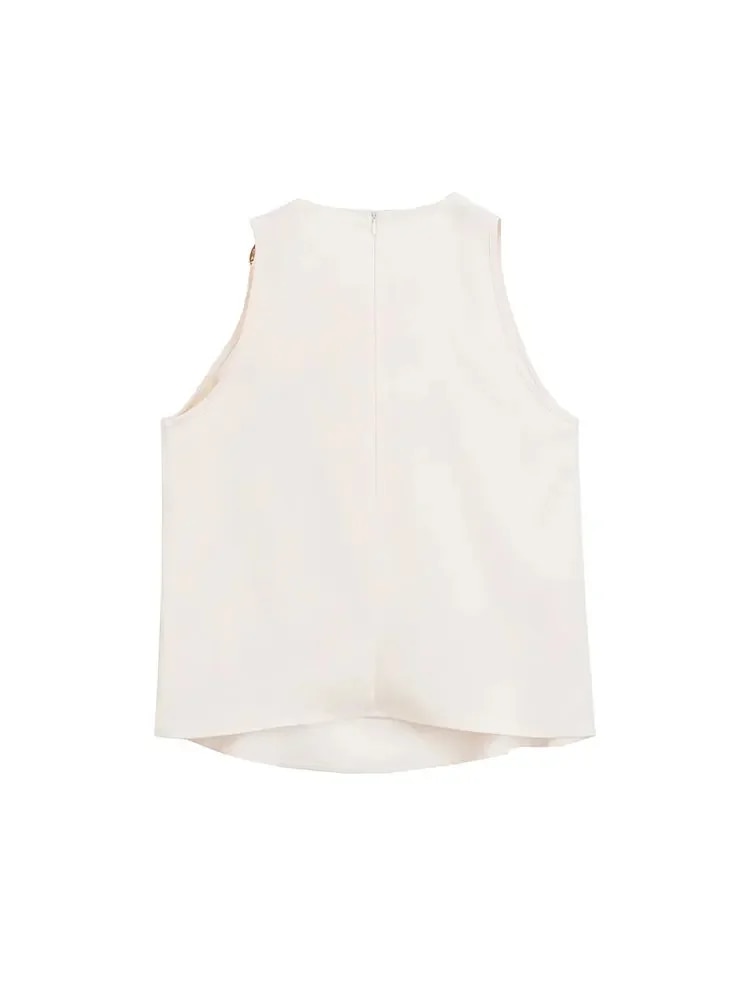 White Blouse Women Sleeveless Draped Collar Ladies Loose Pullover Tank Tops - Simplice Dress