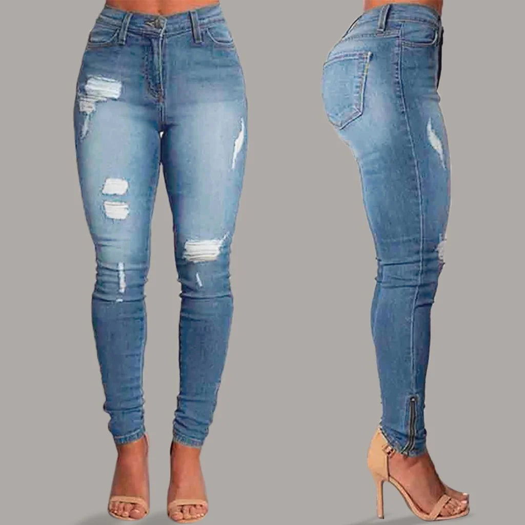 High-Waisted Button Ripped Zipper Jeans for Women – Distressed Denim Pants with Casual Relaxed Fit