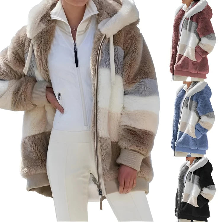 Autumn/Winter Warm Plush Panel Zip Pocket Hooded Loose Coat Women - Simplice Dress