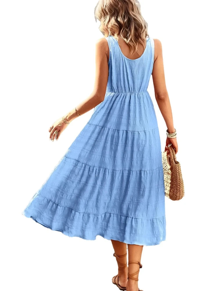 Summer Long Dress Women Sexy Sleeveless Boho Dress Female A Line Holiday Dresses with Pocket Ladies Solid Color Button Vestidos - Simplice Dress