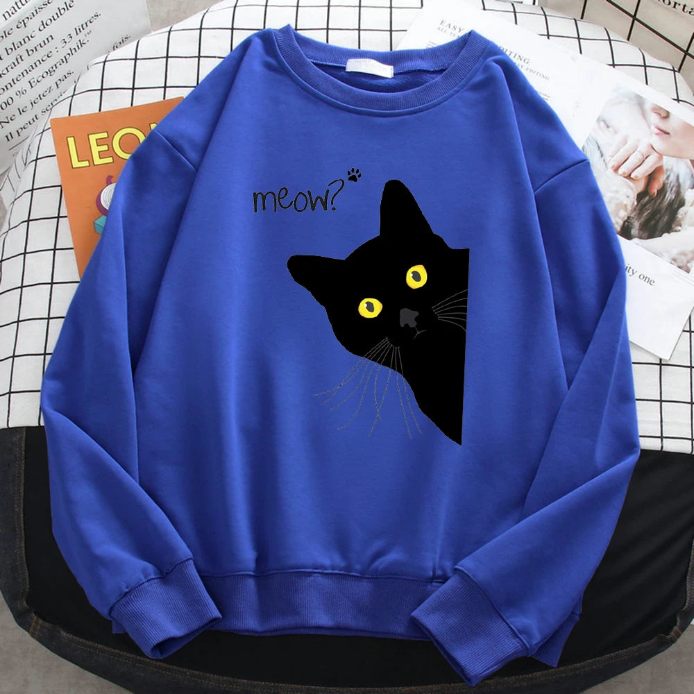 Winter Harajuku Woman Sweatshirt Meow Black Cat Printing Hoodies Comfortable All-Math Pullover Crewneck Loose Female Clothes - Simplice Dress