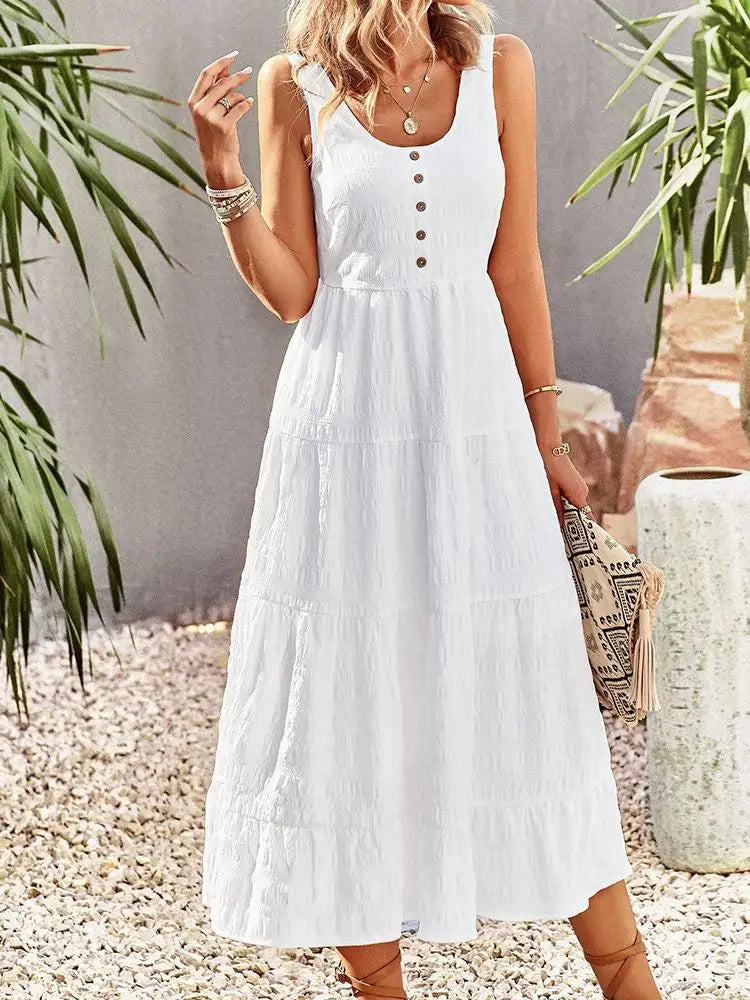 Summer Long Dress Women Sexy Sleeveless Boho Dress Female A Line Holiday Dresses with Pocket Ladies Solid Color Button Vestidos - Simplice Dress