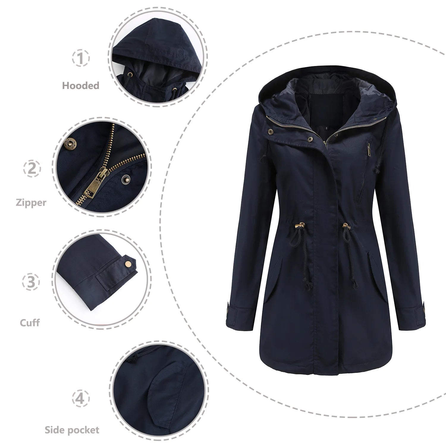 New Cotton Hooded Trench Coat Women's Spring Autumn Jacket Zipper Loose Drawstring Solid Color Windbreaker Women's Clothing - Simplice Dress