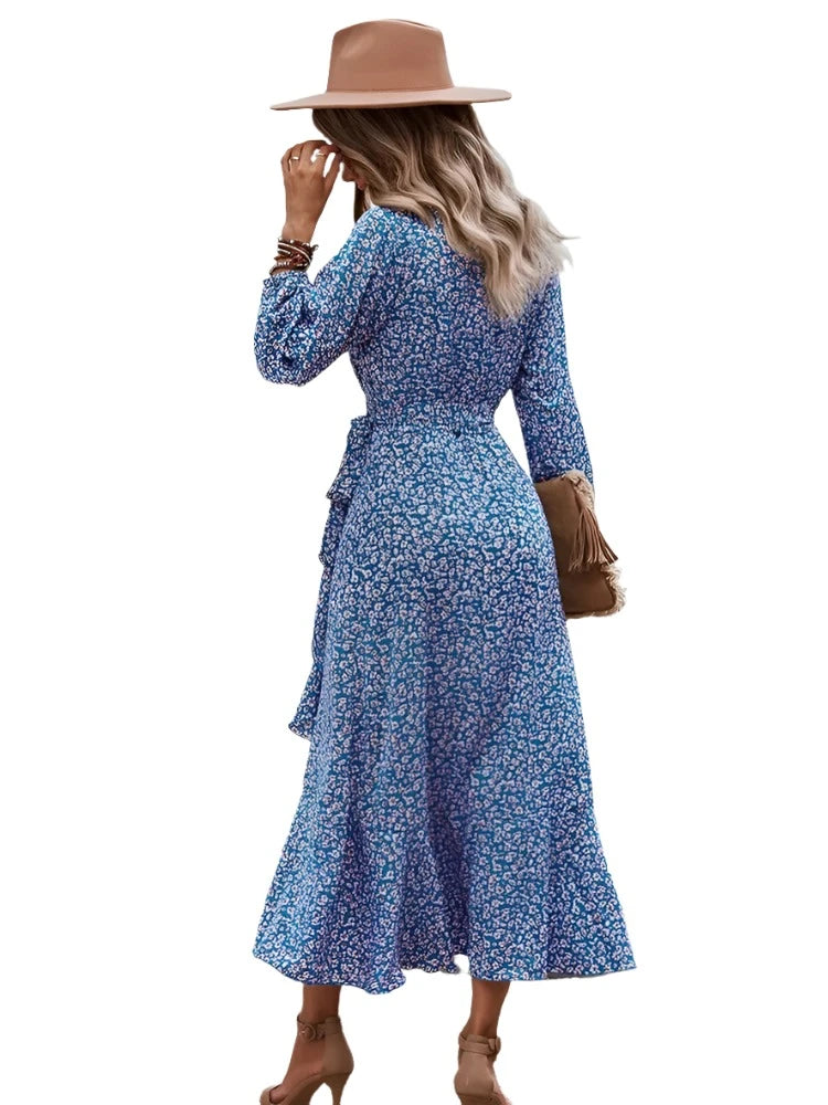 Floral Long Sleeve Wrap Tie Waist Ruffle Split Hem Boho Maxi Dress