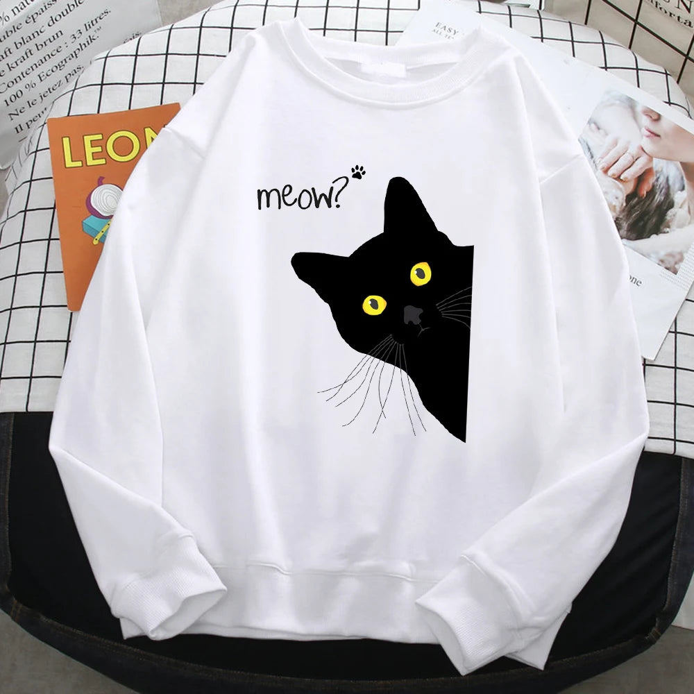 Winter Harajuku Woman Sweatshirt Meow Black Cat Printing Hoodies Comfortable All-Math Pullover Crewneck Loose Female Clothes - Simplice Dress