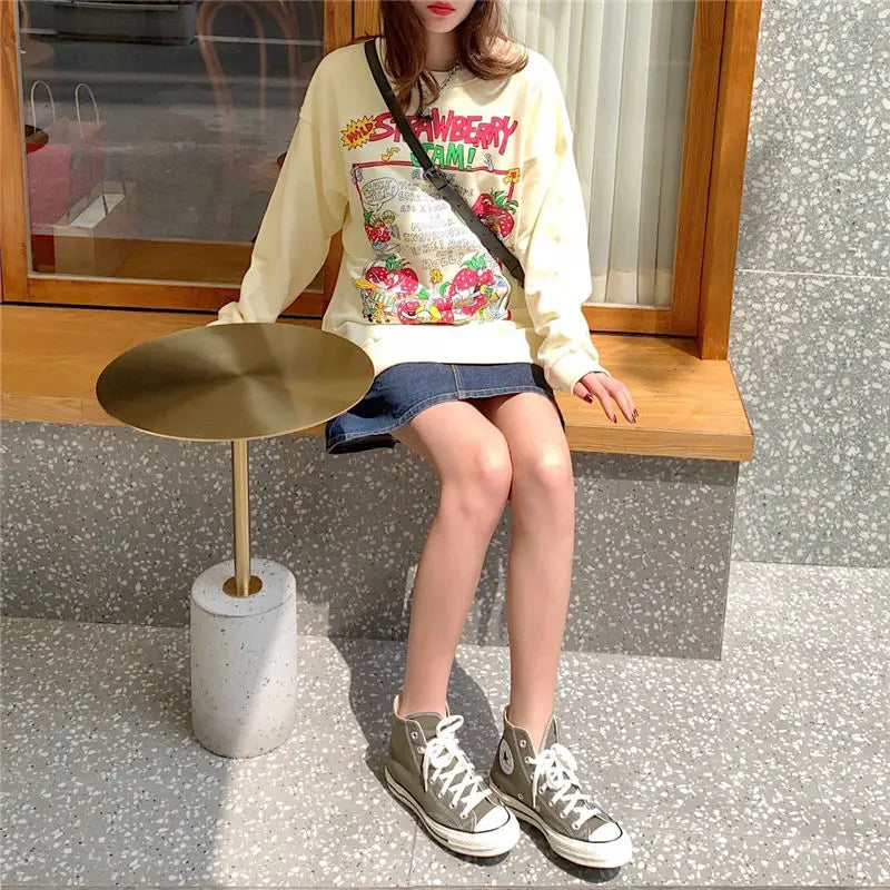 Harajuku Retro Top Strawberry Print Sweatshirt Women Loose Streetwear Sweatshirts American Oversized Pullovers - Simplice Dress