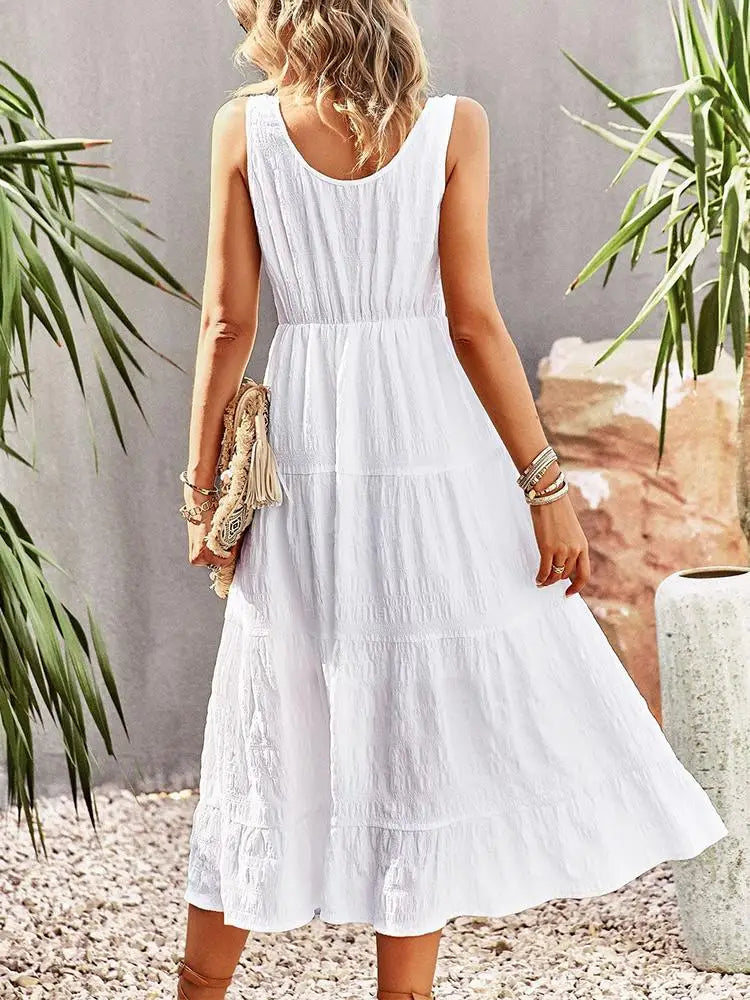 Summer Long Dress Women Sexy Sleeveless Boho Dress Female A Line Holiday Dresses with Pocket Ladies Solid Color Button Vestidos - Simplice Dress