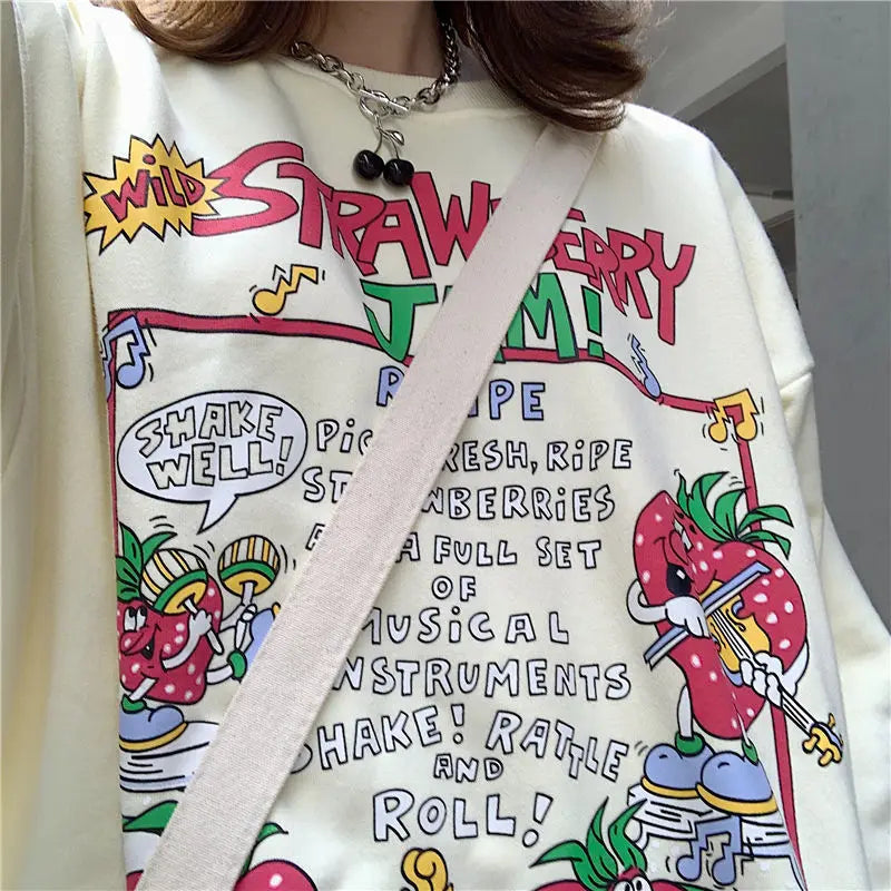 Harajuku Retro Top Strawberry Print Sweatshirt Women Loose Streetwear Sweatshirts American Oversized Pullovers - Simplice Dress