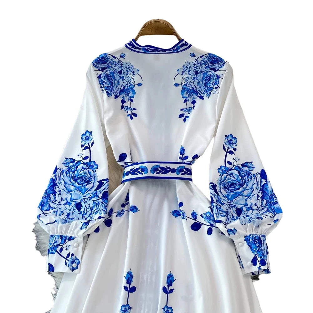 Fashion Blue And White Porcelain Flower Print Dress Women Clothing Long Lantern Sleeve Single Breasted Belt Vintage Vestidos - Simplice Dress