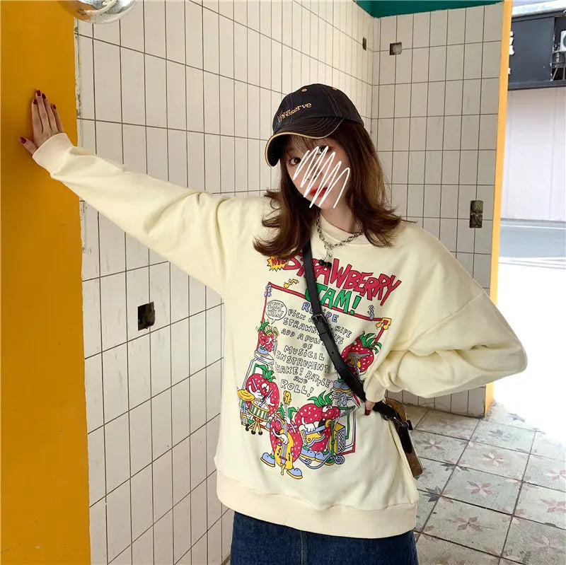 Harajuku Retro Top Strawberry Print Sweatshirt Women Loose Streetwear Sweatshirts American Oversized Pullovers - Simplice Dress