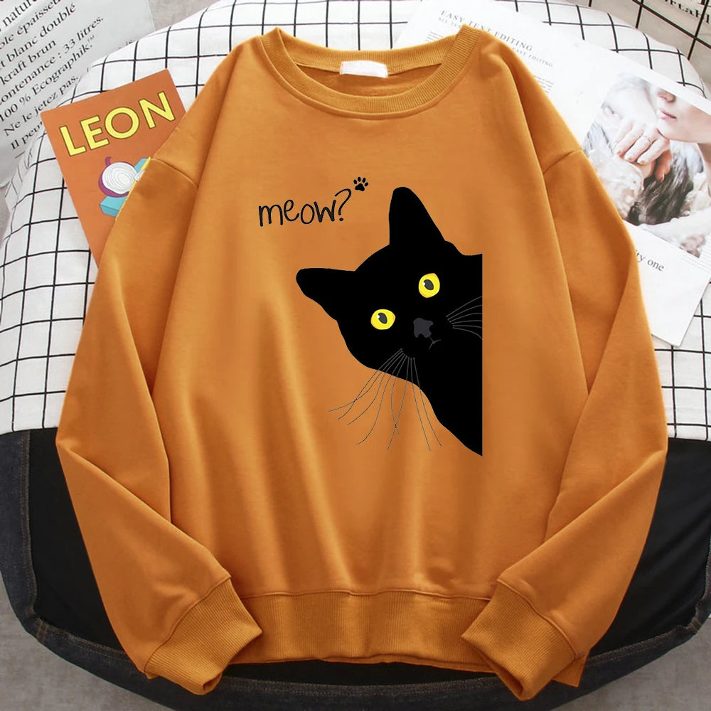 Winter Harajuku Woman Sweatshirt Meow Black Cat Printing Hoodies Comfortable All-Math Pullover Crewneck Loose Female Clothes - Simplice Dress