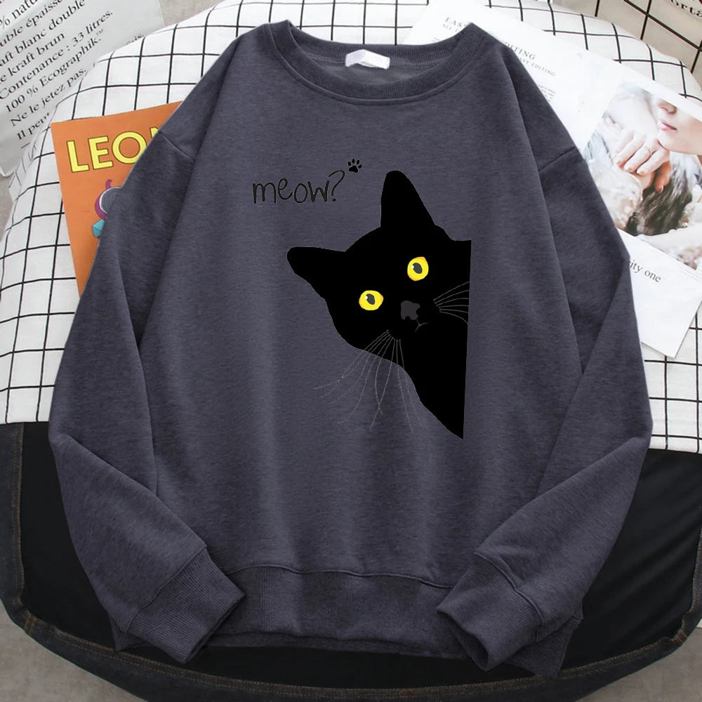 Winter Harajuku Woman Sweatshirt Meow Black Cat Printing Hoodies Comfortable All-Math Pullover Crewneck Loose Female Clothes - Simplice Dress