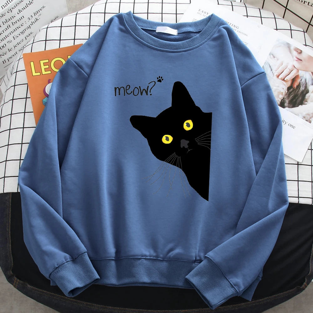 Winter Harajuku Woman Sweatshirt Meow Black Cat Printing Hoodies Comfortable All-Math Pullover Crewneck Loose Female Clothes - Simplice Dress