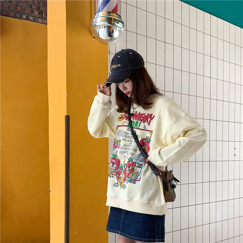 Harajuku Retro Top Strawberry Print Sweatshirt Women Loose Streetwear Sweatshirts American Oversized Pullovers - Simplice Dress