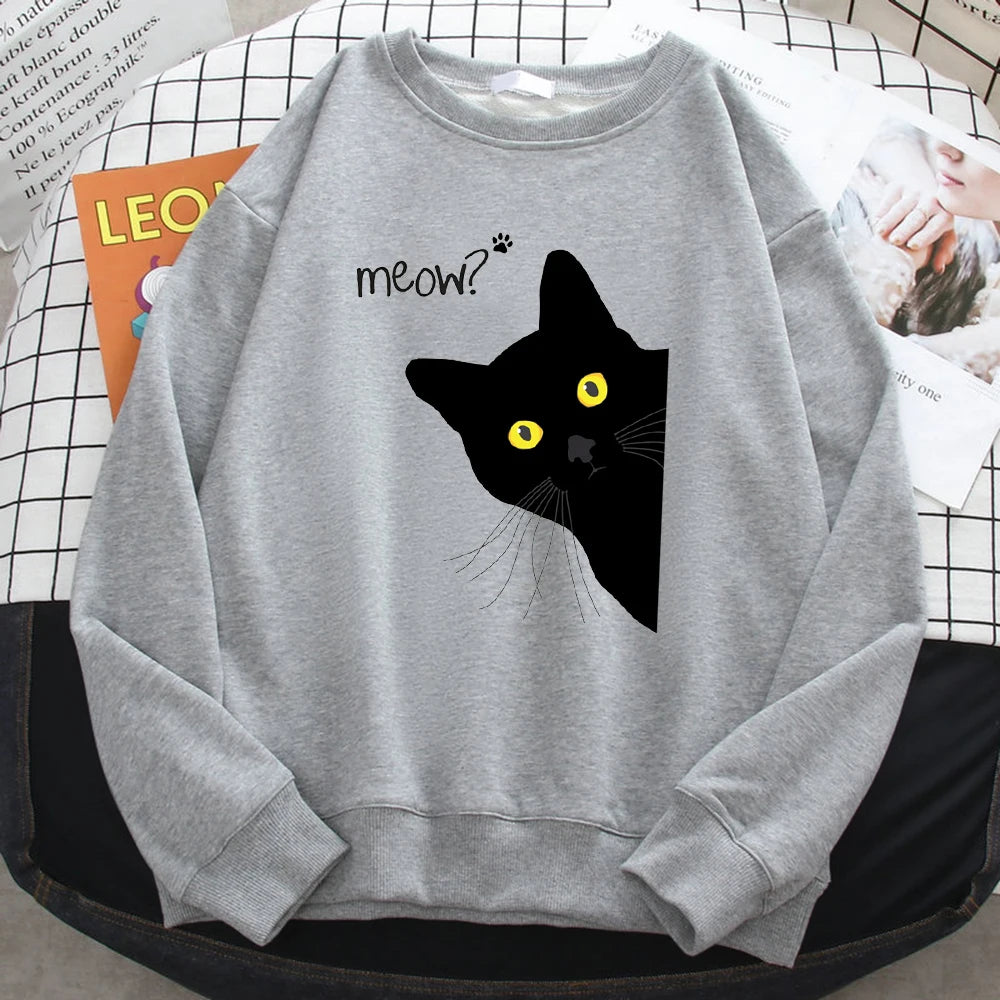 Winter Harajuku Woman Sweatshirt Meow Black Cat Printing Hoodies Comfortable All-Math Pullover Crewneck Loose Female Clothes - Simplice Dress