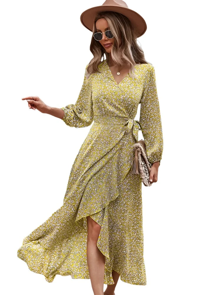 Floral Long Sleeve Wrap Tie Waist Ruffle Split Hem Boho Maxi Dress