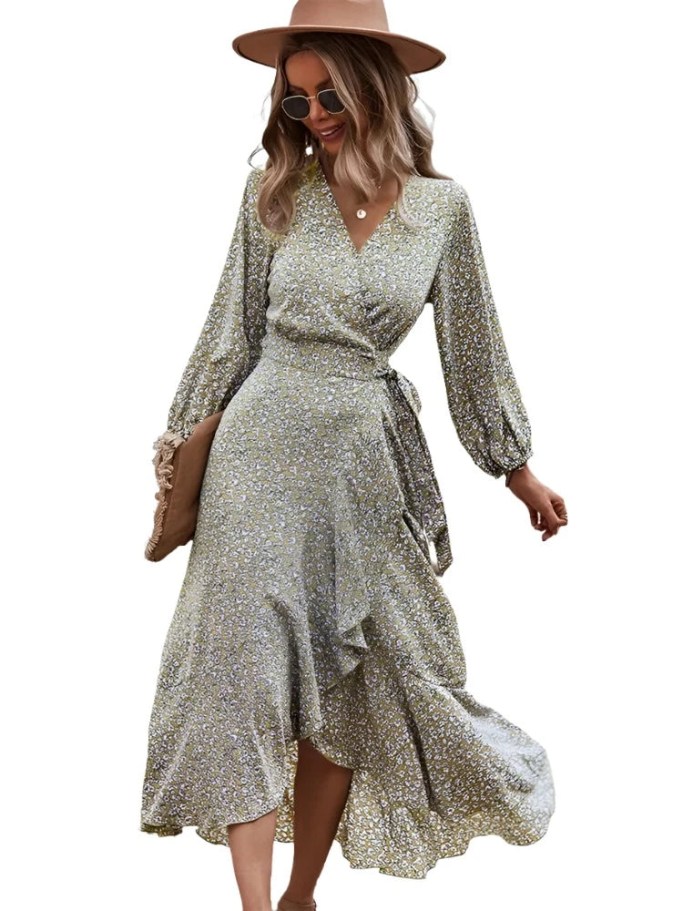 Floral Long Sleeve Wrap Tie Waist Ruffle Split Hem Boho Maxi Dress