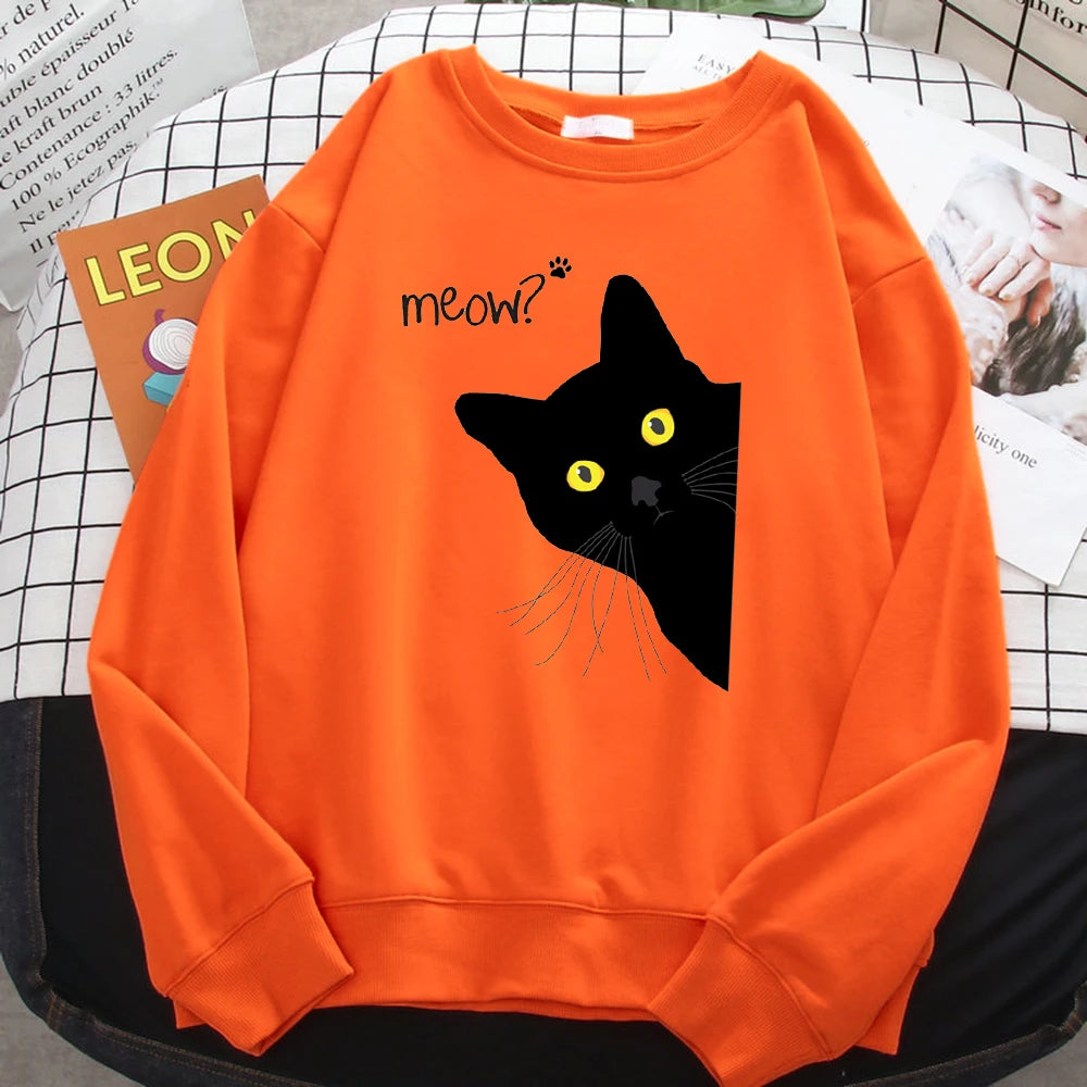 Winter Harajuku Woman Sweatshirt Meow Black Cat Printing Hoodies Comfortable All-Math Pullover Crewneck Loose Female Clothes - Simplice Dress