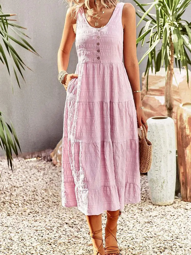 Summer Long Dress Women Sexy Sleeveless Boho Dress Female A Line Holiday Dresses with Pocket Ladies Solid Color Button Vestidos - Simplice Dress