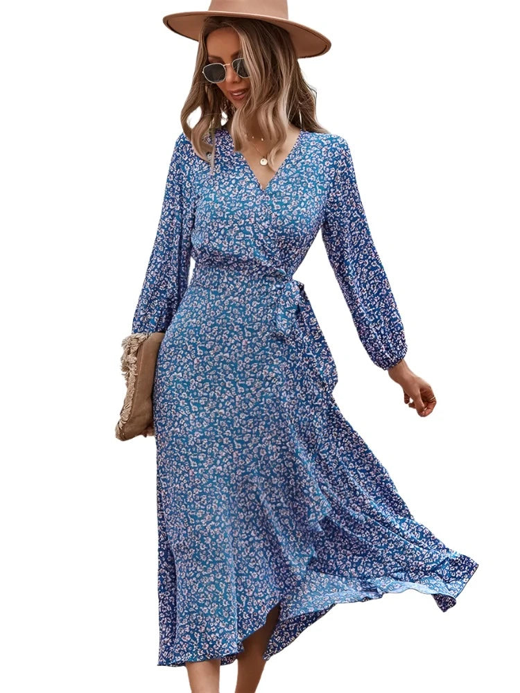 Long Bandage Print Women V Neck Full Sleeve Hight Waist Floral Maxi Dress