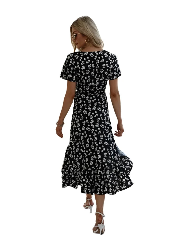 Women V-neck Short Sleeve Printed Sexy Belt Tied Dress