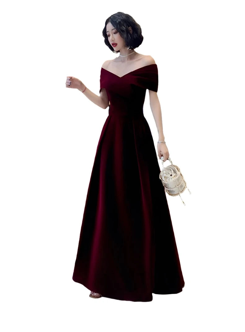 Lautaro Spring Long Luxury Elegant Wine Red Soft Velvet Evening Party Wedding Dresses for Women 2022 Off Shoulder Maxi Dress - Simplice Dress