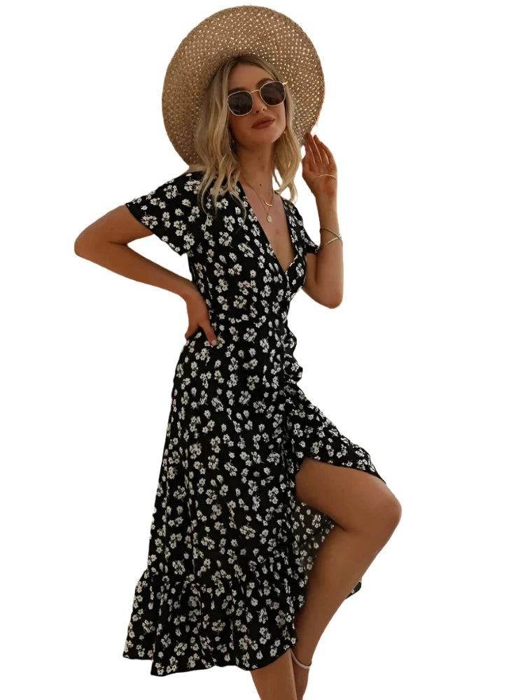 Women V-neck Short Sleeve Printed Sexy Belt Tied Dress