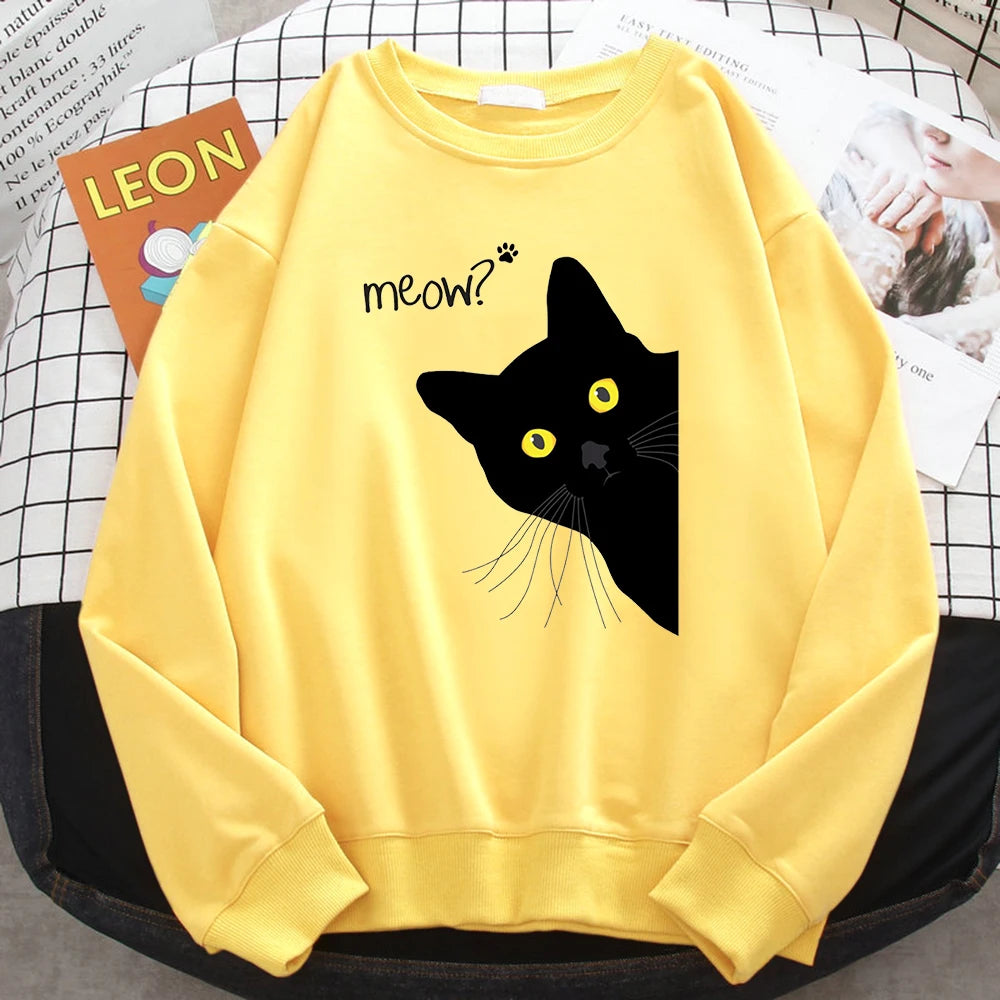 Winter Harajuku Woman Sweatshirt Meow Black Cat Printing Hoodies Comfortable All-Math Pullover Crewneck Loose Female Clothes - Simplice Dress