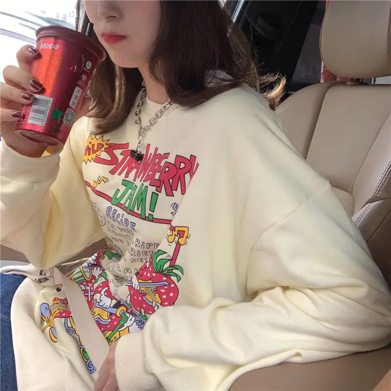 Harajuku Retro Top Strawberry Print Sweatshirt Women Loose Streetwear Sweatshirts American Oversized Pullovers - Simplice Dress