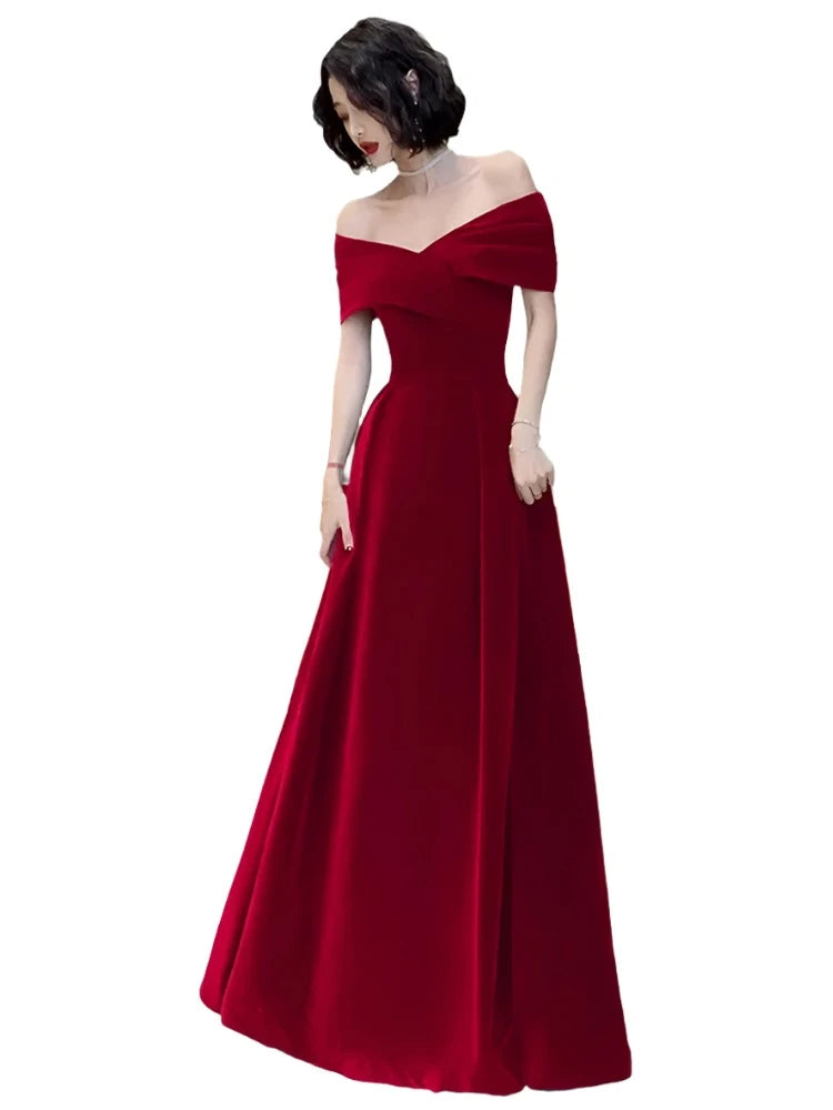 Lautaro Spring Long Luxury Elegant Wine Red Soft Velvet Evening Party Wedding Dresses for Women 2022 Off Shoulder Maxi Dress - Simplice Dress