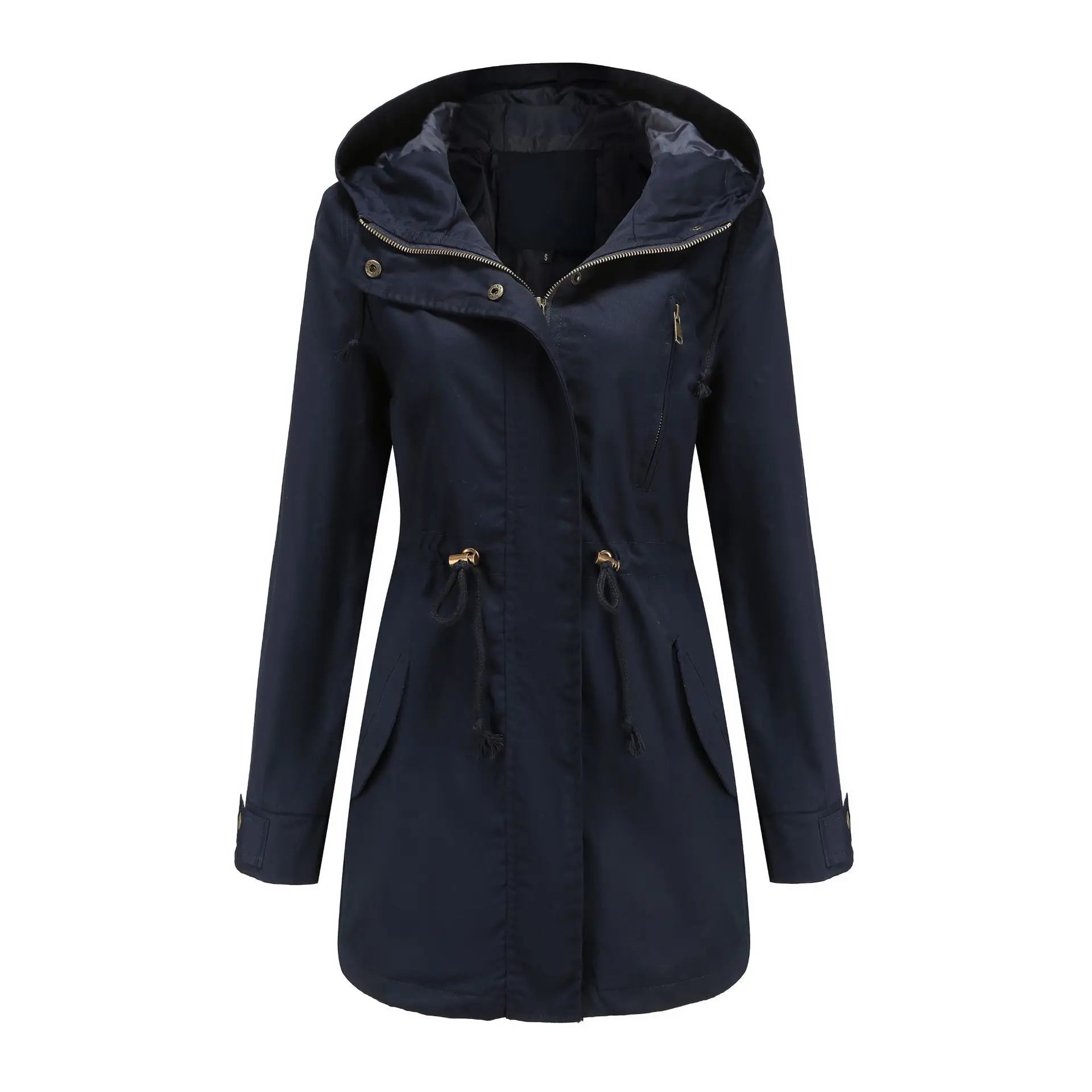 New Cotton Hooded Trench Coat Women's Spring Autumn Jacket Zipper Loose Drawstring Solid Color Windbreaker Women's Clothing - Simplice Dress