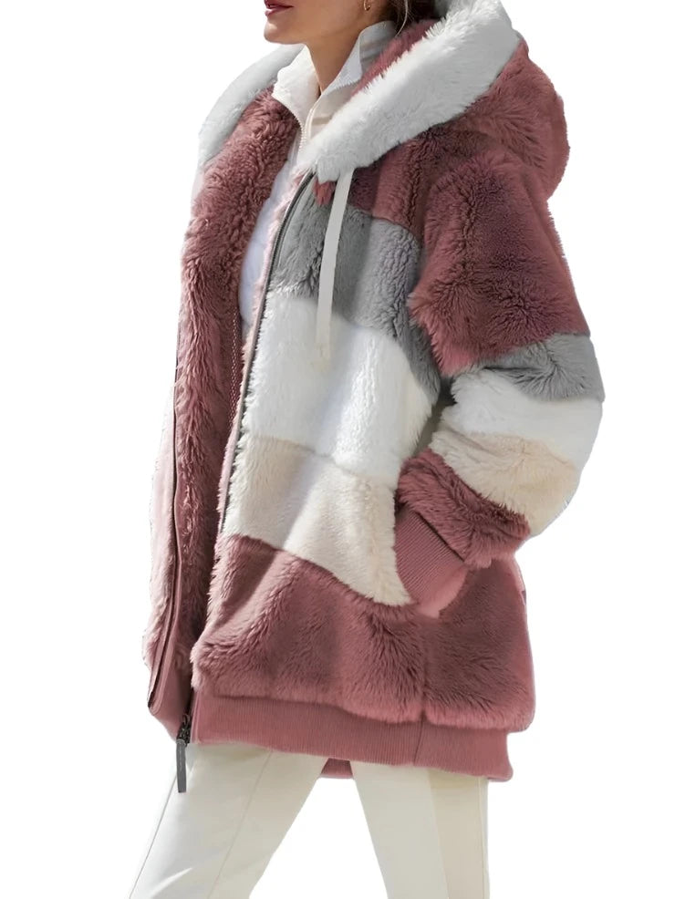 Autumn/Winter Warm Plush Panel Zip Pocket Hooded Loose Coat Women - Simplice Dress