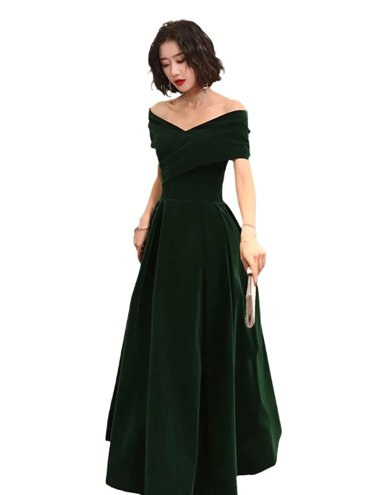 Lautaro Spring Long Luxury Elegant Wine Red Soft Velvet Evening Party Wedding Dresses for Women 2022 Off Shoulder Maxi Dress - Simplice Dress